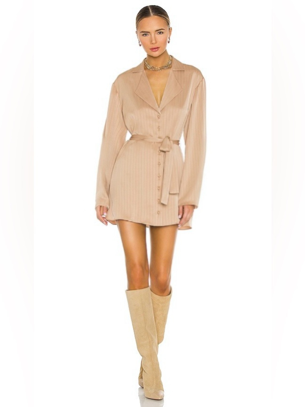 Satin Striped Button-Down Belted Mini Shirt Dress Champagne Beige Size Small